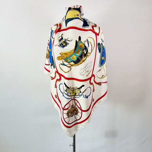 Hermes Springs Carre 90 Silk Twill Scarf White Red Blue Ledoux France