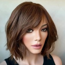 Short Bob Brown Wig with Bangs 100 Human Hair Lace Front Wig