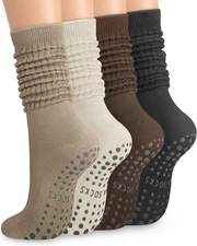 4 Pairs Pilates Socks with Grips for Women Non Slip Long Slouch Socks Yoga Gr...