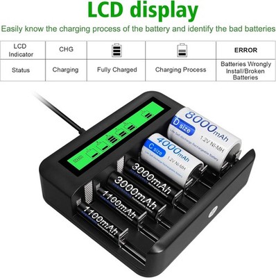 8 Slot Universal Akku Ladegerät für AA AAA C D Ni-MH Ni-CD LCD Batterieladegerät