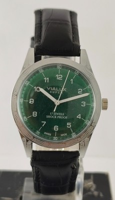 Beautiful Vialux Hand-Winding Green Dial 17J Working Condition Men Wristwatch