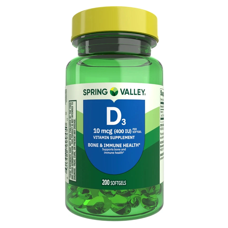 Spring Valley Vitamina D3 400 UI (10 mcg), 200 cápsulas blandas - Apoyo óseo e inmunológico Foto 2 de 4