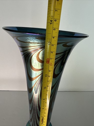 Rick Strini Blue Luster &Purple Iridescent Hand Blown Pulled Art Glass Vase 1998 - Picture 13 of 24