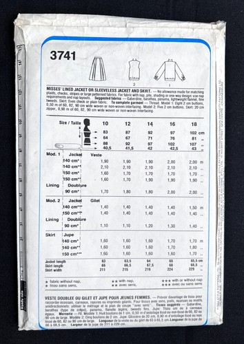 Style 3741 Misses Lined Jacket, Vest & Skirt Vintage 1982 Pattern Size 10 Uncut - Picture 2 of 2
