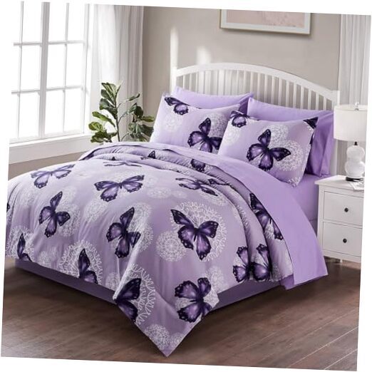 Bed in A Bag Size 8 Pieces Butterfly All Season Bedding Full/Queen Purple