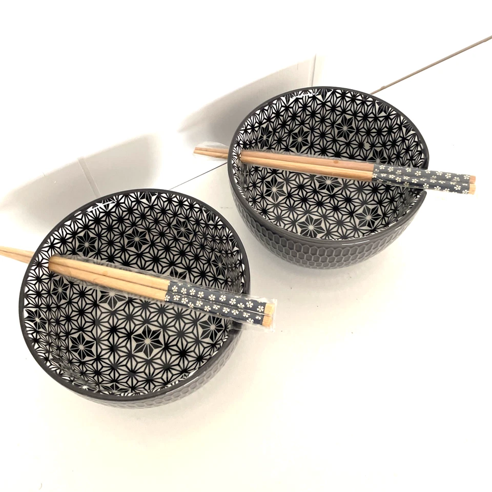 Juego de 2 cuencos de fideos ramen de gres azul oscuro para artículos para el hogar exclusivos con palillos Foto 2 de 4