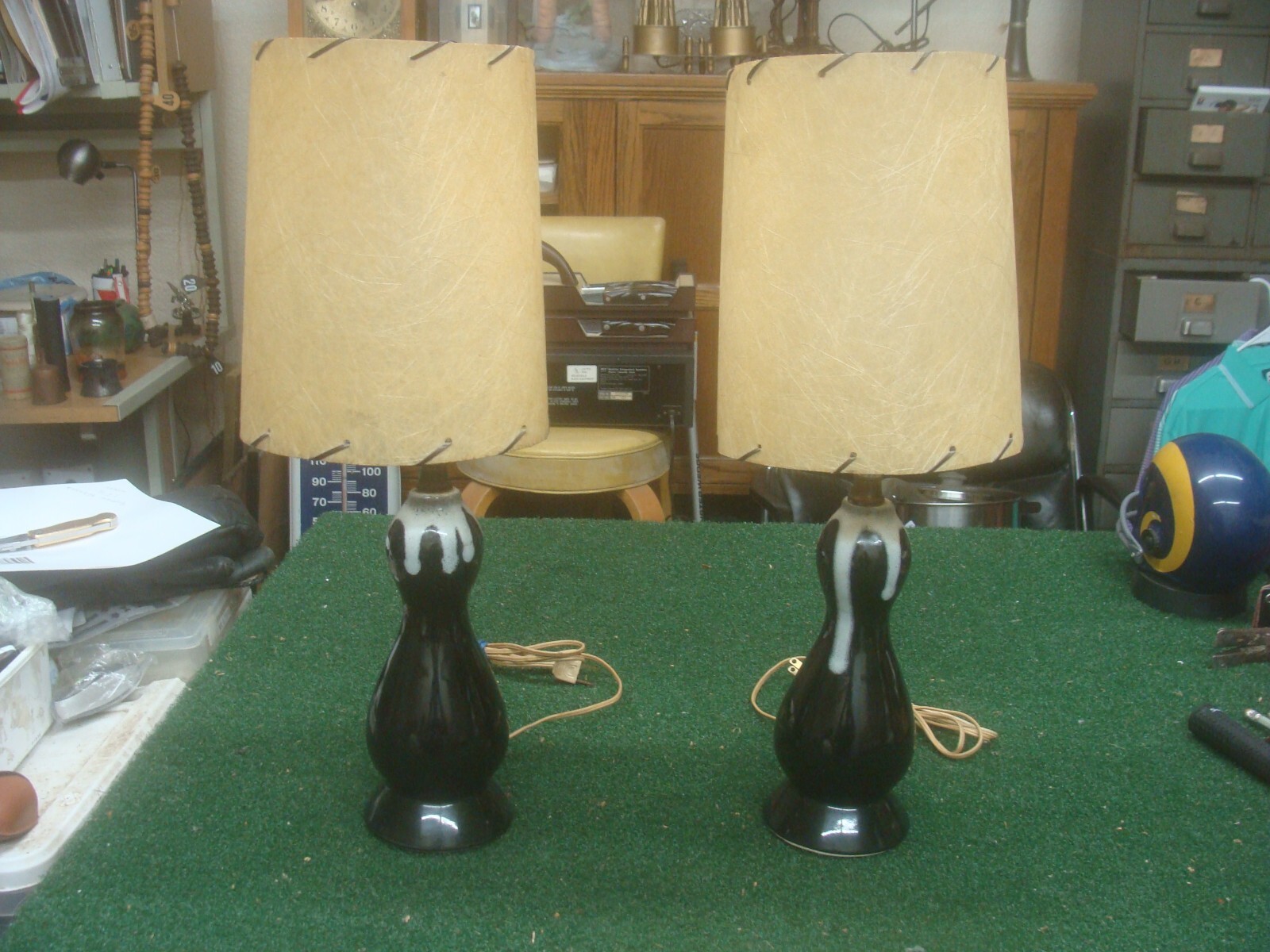 20” VTG Pair Table Lamps Black & White DRIP GLAZE Mid Century Modern