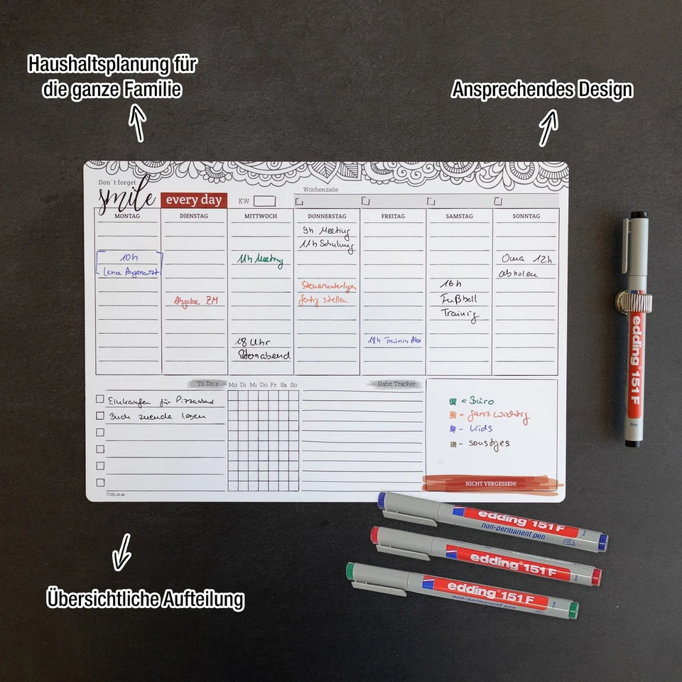 Wochenplaner magnetisch A4 + 4 Stifte Magnettafel abwischbar Kühlschrank - Bild 4 von 4