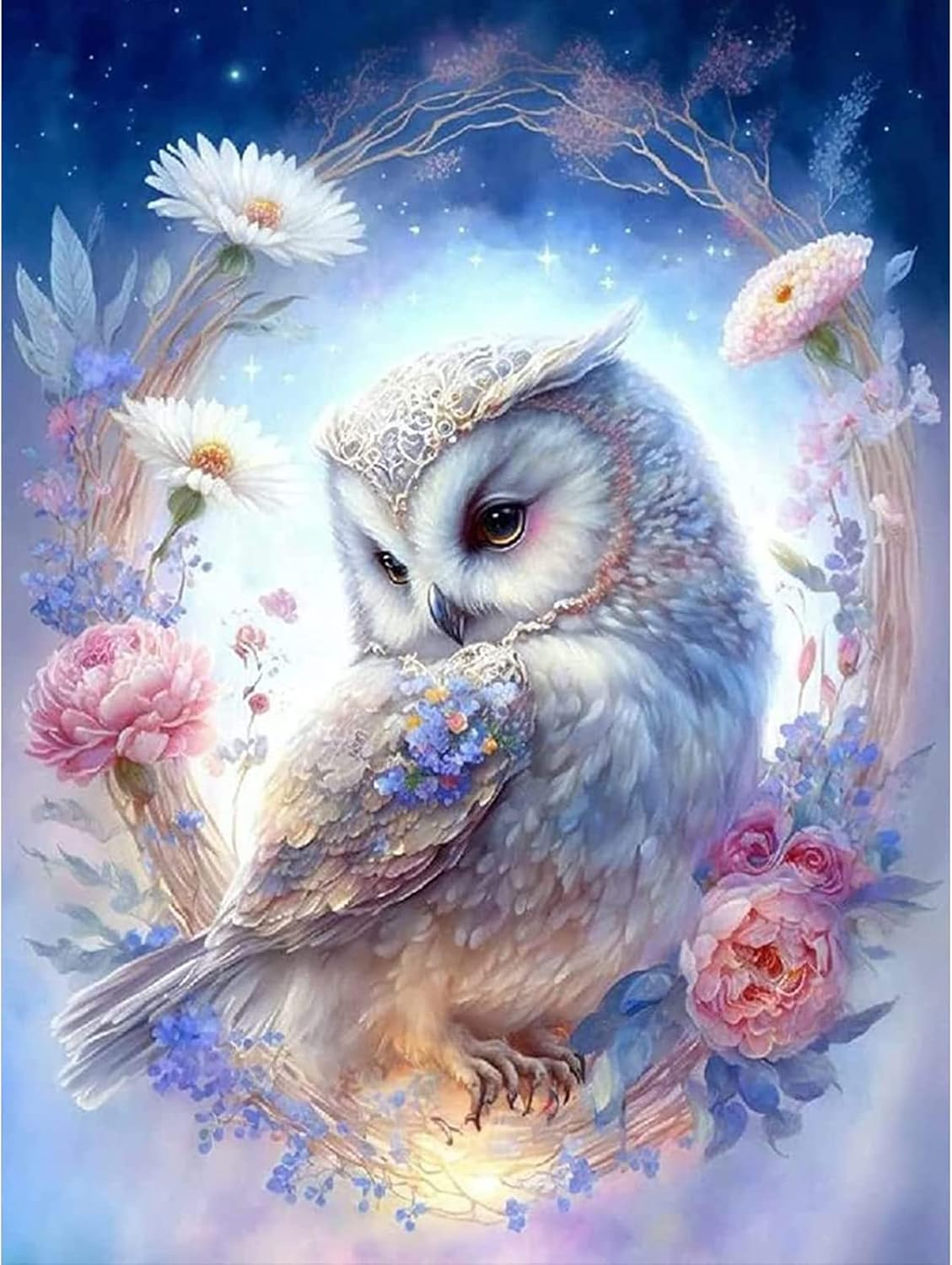 White Owl Flowers Diamond Art Painting Kits for Adults, 5D DIY Diamond Art Kits