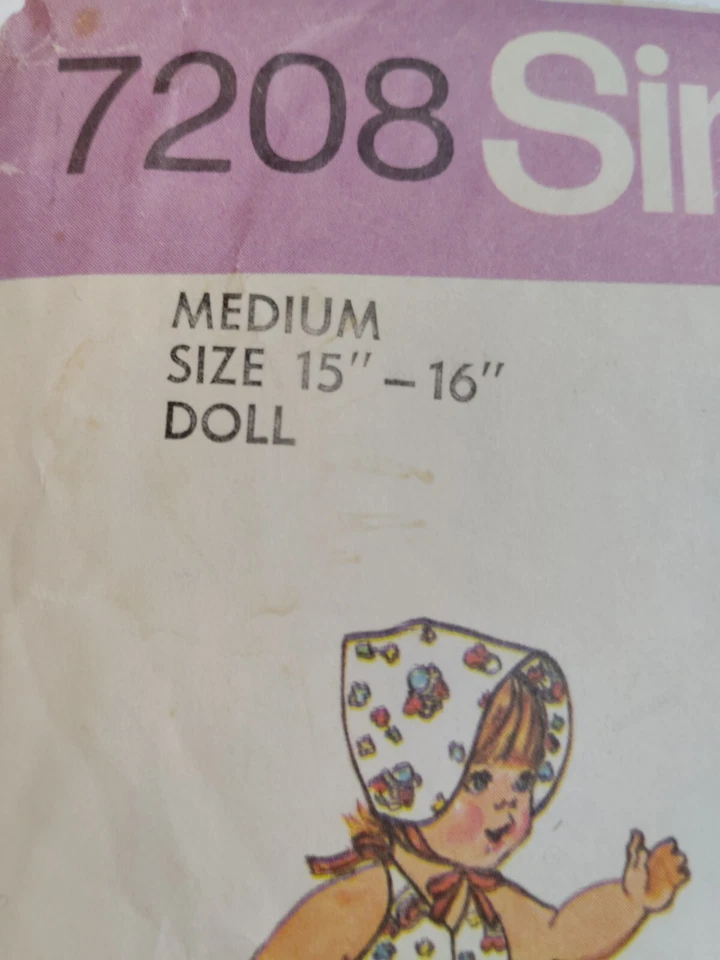 Doll Wardrobe Clothes M 15" 16" Simplicity 7208 Sewing Pattern CUT VTG Dress Hat - Image 2 of 4