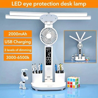 LED Desk Lamp USB Dimmable Touch with Calendar Clock Mini Fan Table Night Light