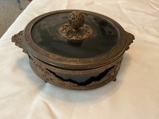 Vintage Ornate Brass Glass Lid Jewelry Trinket Box