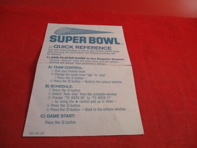 Tecmo Super Bowl Nintendo NES Quick Reference Insert Sheet ONLY