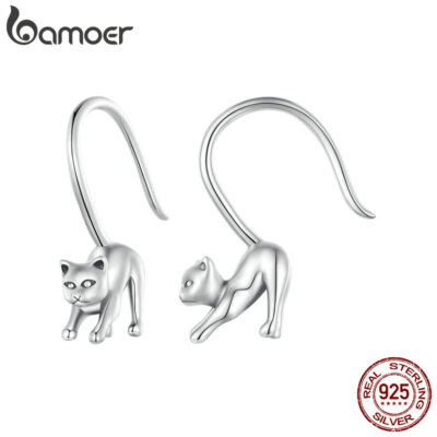 BAMOER S925 Sterling Silver Cat Earrings - Black Pavé CZ Stud Earrings For Women