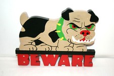 Beware Of Dog Mean Bulldog Wooden Painted Sign Plaque Cut Out Shape 10"x8"