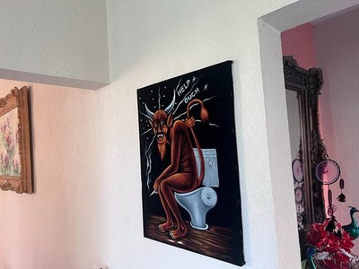 Satan red devil on the toilet restroom black velvet oil painting