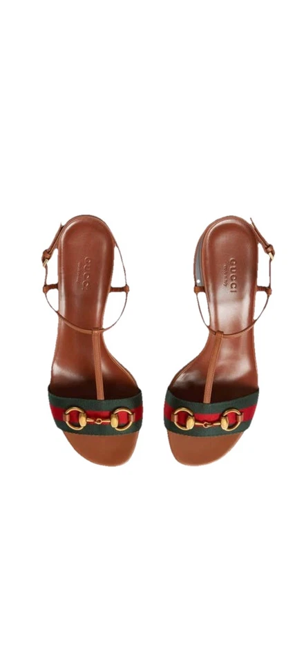 Sandalias Gucci vintage de cuero marrón - rayas web y logotipo dorado, tacón bloque, Italia Foto 2 de 4