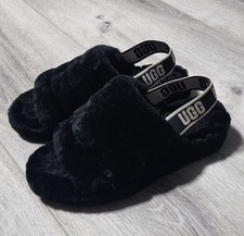 UGG Fluff Yeah Black Skeepskin Elastic Heel Slip-on Slides House Shoes Womens 9