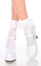 Music Legs White Nylon Ruffle Trim Ankle Socks Anklets, One Size