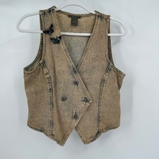 Womens Vintage Upcycled Acid Wash Denim Vest Size M Beaded Butterfly Bow Detail