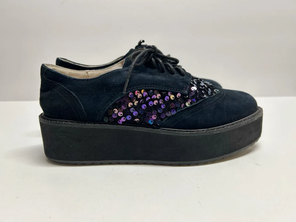 Zapato Deportivo Oxford Shellys London Para Mujer Negro Gamuza Lentejuelas Plataforma 36 6 Foto 3 de 4