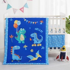 3 Piece Baby Bedding Set Blue Dinosaur 