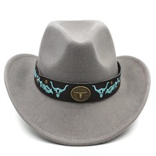 Gray Western Cowboy Hat Bull Turquoise Band Adjustable Felt Wide Brim Cowgirl