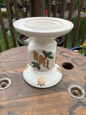 Vintage 1972 Handmade Noel Ceramic Pedestal Candle Holder Christmas Holly 8 