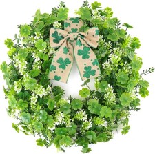 18-Inch St. Patrick's Day Wreath with Shamrock Clover and Bows for Home Decor