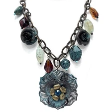 Vintaj Rustic Floral Medallion Necklace with Blue Stone & Rose Charms