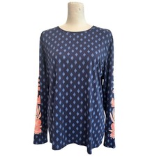Lands End Womens Sunshade UPF 50 LS Relaxed Rash Guard Print Top Navy XL 18