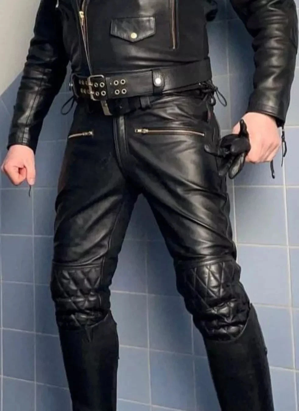 Men's Real Sheep Black Leather Bikers Pants Quilted Panels Bikers Leather