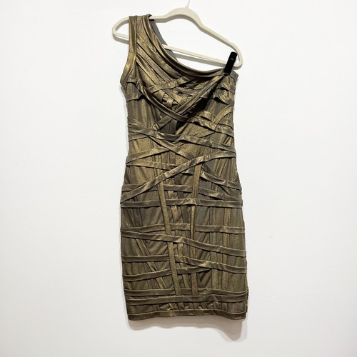 Tadashi Shoji bronze Gold bandage dress one shoulder bodycon size Medium Large - Picture 3 of 4