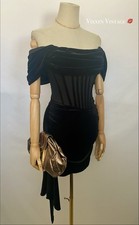 OFF THE SHOULDER VELVET DRAPED CORSET MINIDRESS IN BLACK
