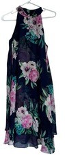 Eliza J Halter Trapeze Swing Mini Dress Size 8 Blue Floral Chiffon Double Layer