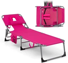 Goplus Tanning Chair, Folding Adjustable Patio Lounge Chair with Face Hole