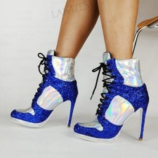 Bling Glitter Women Ankle Boots Lace Up Stiletto High Heels Short Booties Shoes