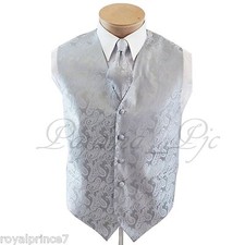 SILVER XS to 6XL Paisley Tuxedo Suit Dress Vest Waistcoat  Neck tie Wedding