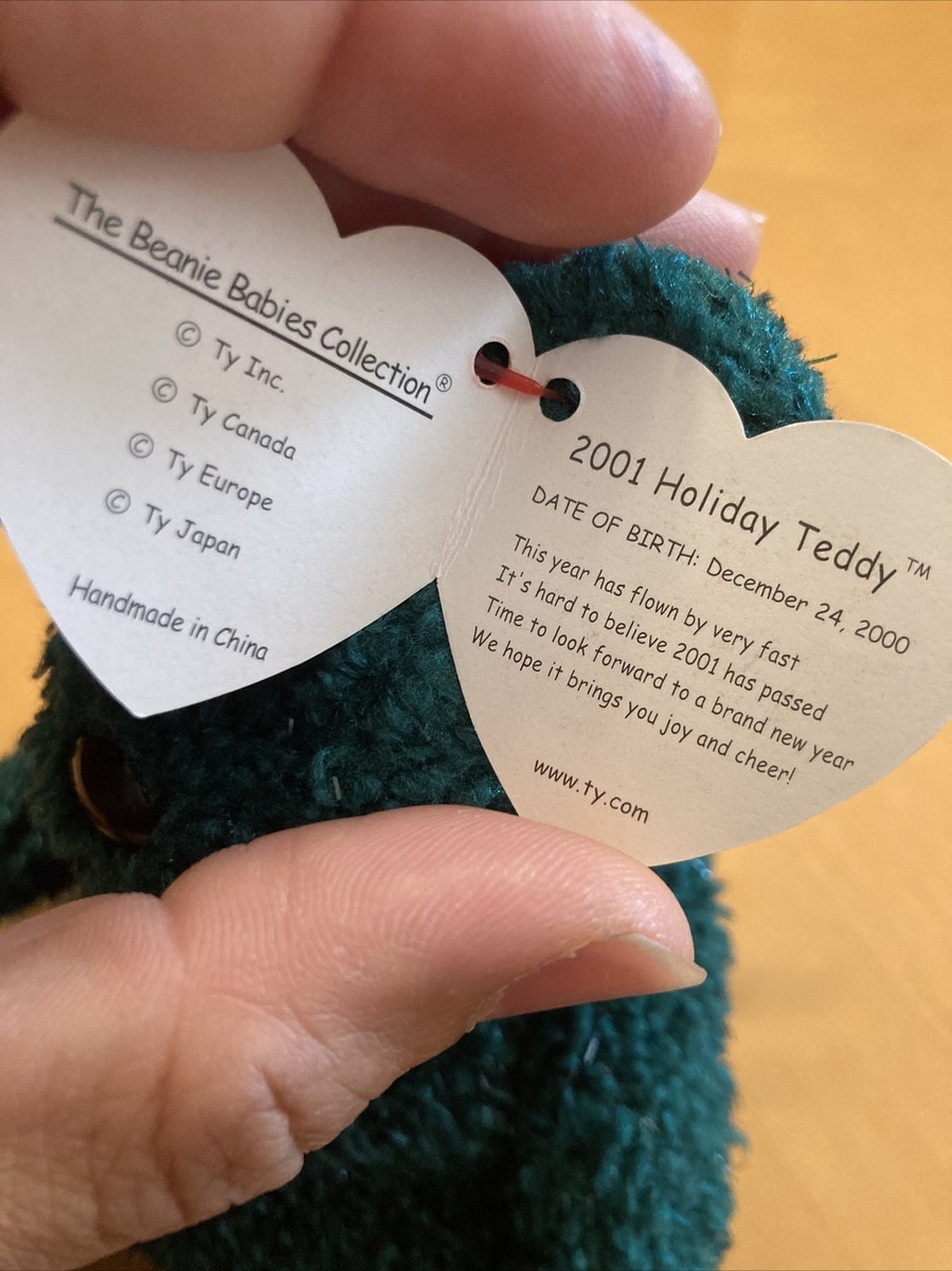 TY Beanie Baby 2000-2001 Holiday Teddy Green Bear RARE RETIRED TAG