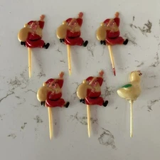 Vtg Christmas Plastic Cupcake Toppers Cake Picks Santa Chicken Lot 6 Hong Kong