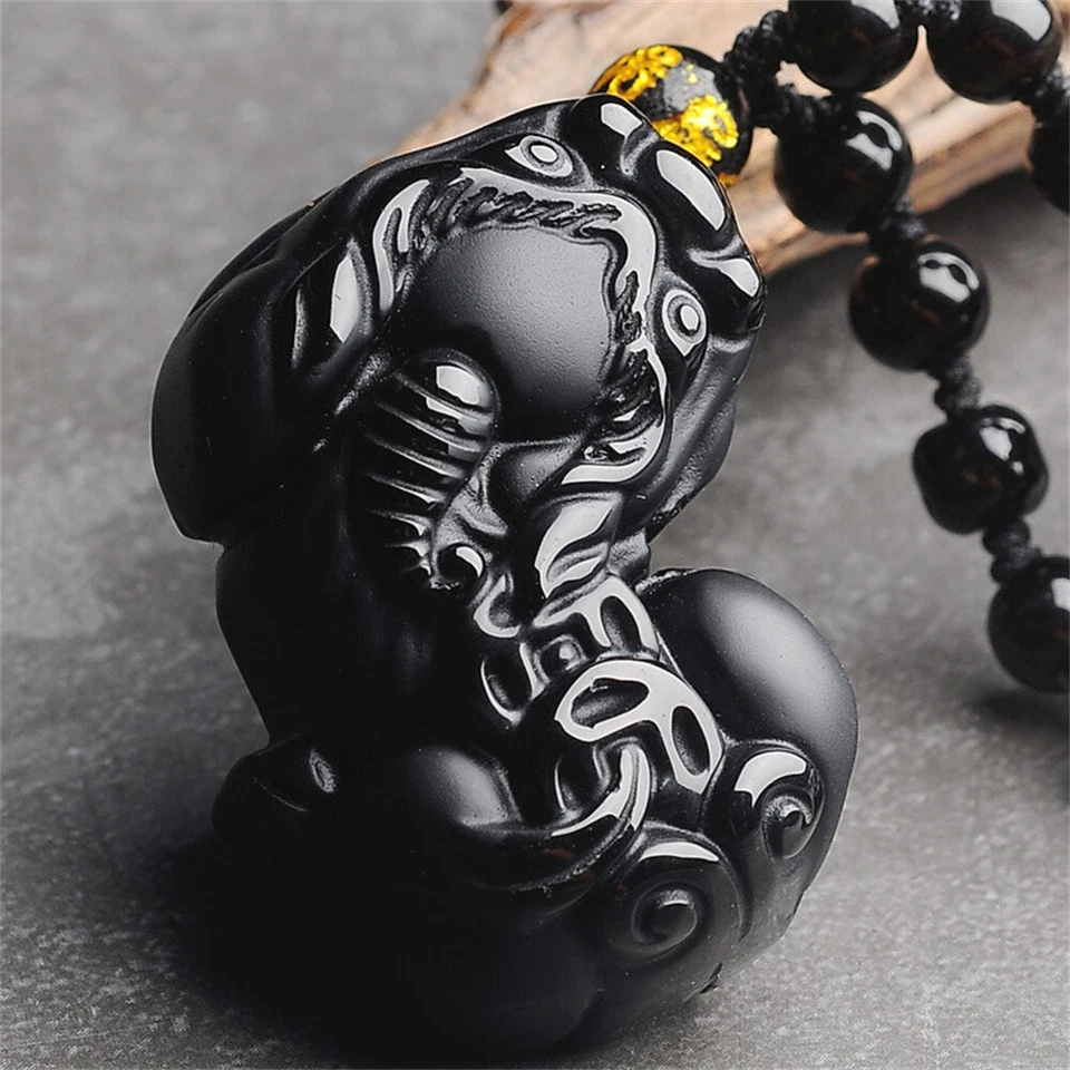 Collar amuleto colgante PiXiu moneda china obsidiana negra natural encanto de la suerte Foto 3 de 4