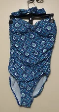 SZ MED LOVE GEAR ASSETS BY SARA BLAKELY SPANX 1 PEICE HALTER SWIMSUIT BLUE/WHITE
