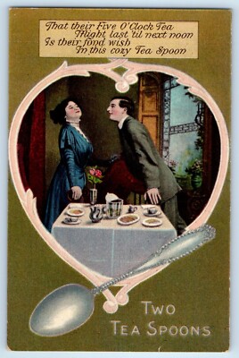 c1910's Romance Two Tea Spoons Couple Dating Unposted Antique Postcard