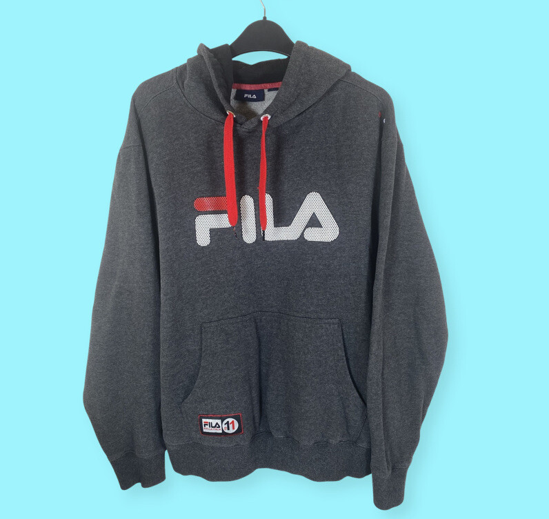 FILA Biella Italia 1911 Felpa con Felpa UK Taglia Large Grigio Ottime Condizioni Classica