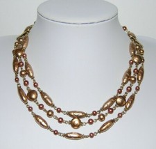 ELEGANT GOLDEN ACRYLIC BEADS FAUX PEARLS TRIPLE STRAND CHOKER BIB NECKLACE