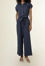 FRNCH Crossover Blue Linen Jumpsuit M Cap Sleeves Designer Spring
