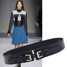 Real Leather Elastic Waist Belt Gold Double-buckle Stretch Dress Coats Waistband