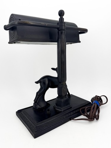 Vtg Signed FRANKART Antique Figural DEER Desk Banker's Lamp Art Deco Black Metal - Picture 5 of 23