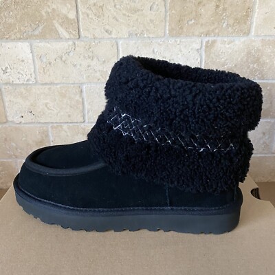 UGG BLACK MINI UGG BRAID CUFF SUEDE SHEEPSKIN ANKLE BOOTS SIZE US
