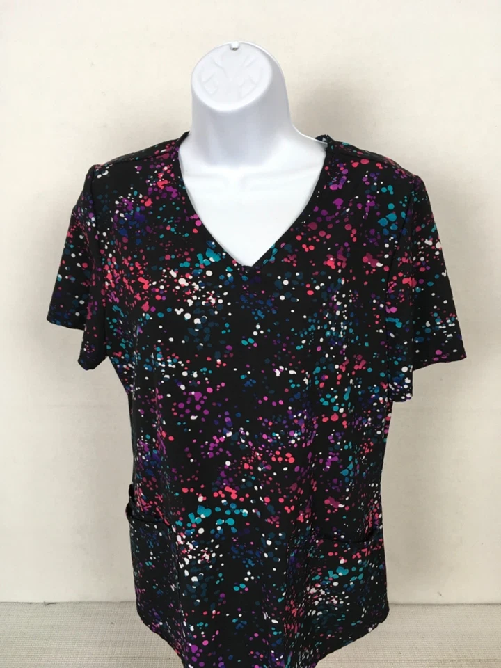 ScrubStar Womens Scrub Top Size S Black w Pink Blue Purple Dots V neck Pockets - Image 3 of 4